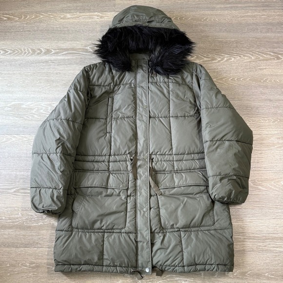 NWT American Eagle Quilted Puffer Jacket Parka Fur Hood Womens XL Olive Green - Picture 1 of 8